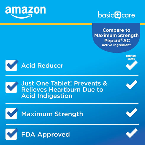 Amazon Basic Care Maximum Strength Famotidine Tablets 20 mg, Acid Reducer, 25 Count