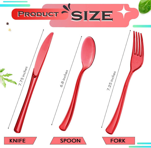 150 Pieces Disposable Cutlery Set Plastic Silverware Heavy Duty Utensil Sets 50 Forks 50 Knives 50 Spoons for Home Office School Party Picnics Restaurant Outdoor Events or Every Day Use (Red)