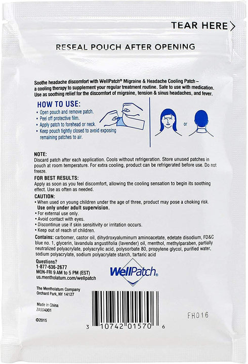 WellPatch Cooling Headache Pads - Migraine Relief, 4 Pads in a Pack (Pack of 6) = 24 pads