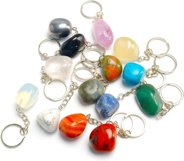 20 PCS Natural Healing Crystals Tumbled Stone Beads Keyring, Mixed Irregular Shaped Chakra Stones Keychains