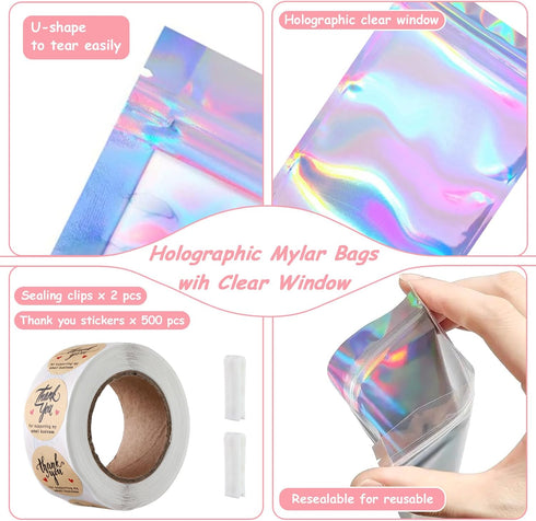 150-pack 4 x 6 in Holographic Mylar Bags with Clear Window Resealable Foil Pouches for Food Storage Smell Proof Edible Packaging Zip Bag for Cookies, Jewelry and Small Business, Thank You Stickers by lucpur