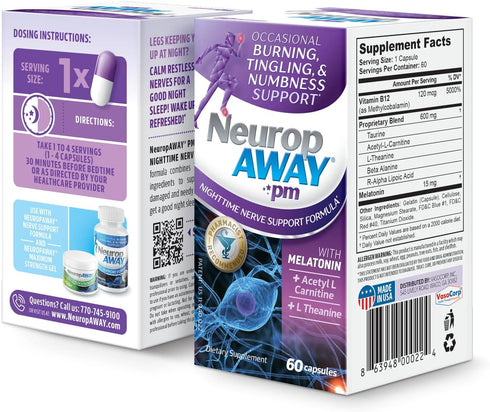 NeuropAWAY Nerve Support PM, 60 Capsules with R-Alpha Lipoic Acid for Nerve Relief