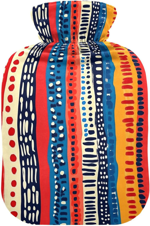 tplaotee Red and Blue Stripe Pattern Doodle Art hot Waterbottle with Soft Cover,