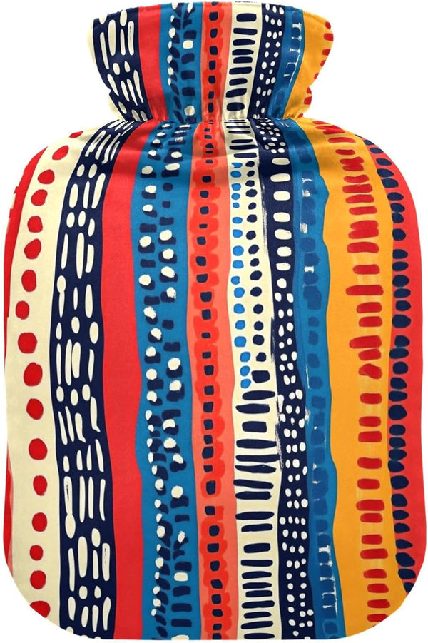 tplaotee Red and Blue Stripe Pattern Doodle Art hot Waterbottle with Soft Cover,