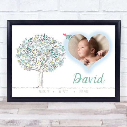 The Card Zoo New Baby Birth Details Christening Nursery Blue Tree Photo Keepsake Gift Print