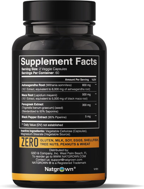 Natgrown Ashwagandha Maca Root Fenugreek Extract Capsules Supplement for Men & Women - Vegan Pills - (120 Count)