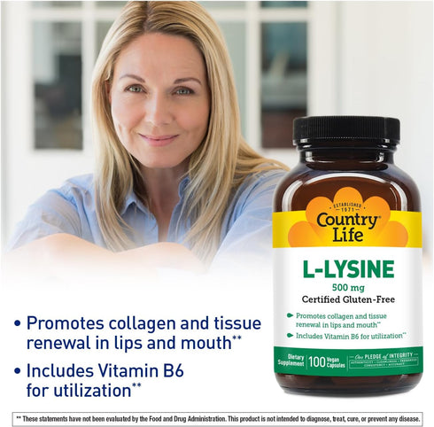 Country Life L-Lysine 500mg with B-6, 100 Vegan Capsules - Immune Health Support