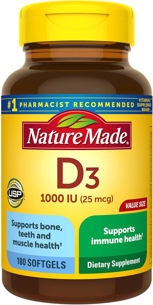 Nature Made Vitamin D3 1000 IU (25 mcg) | 180 Softgels | Dietary Supplement for Bone, Teeth, Muscle and Immune Health