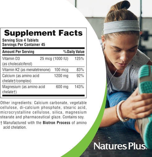 NaturesPlus Cal/Mag/VIT D3 with Vitamin K2, 180 Tablets - Bone Health Supplement