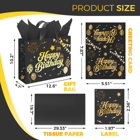 Sipthene 13 1 Black Birthday Gift Bag with Tissue Paper and Greeting Card, Happy Birthday Gift Bags for Party, Hot Foil
