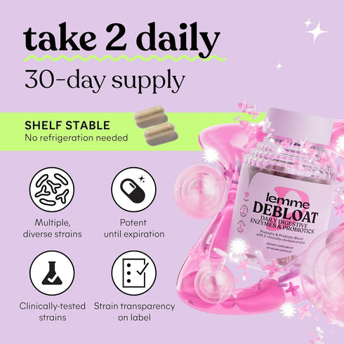 Lemme Debloat 3-in-1 Probiotic, Prebiotic & Digestive Enzyme Capsules - 60 ct for Bloating Relief