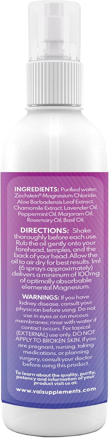 VAL Lombardi Magnesium Aromatherapy Spray – 4 oz, Migraine & Headache Relief Oil with Lavender, Peppermint & Chamomile