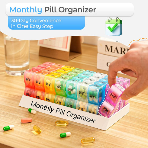 Monthly Pill Organizer 2 Times a Day, 30 Day Pill Case with Small Compartments for Vitamins and Travel Medicine