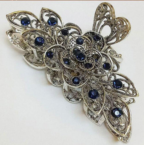 Women Fashion Retro Metal Alloy Rhinestone Large Size Fancy Hair Claw Jaw Clips for Thick Hair (Ink-Blue Colour 1)