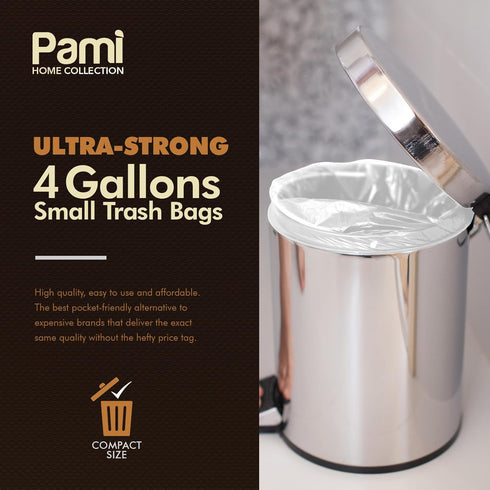 PAMI Small 4-Gallon Trash Bags, White, 150 Bags, Strong Multipurpose Plastic Wastebasket Liners