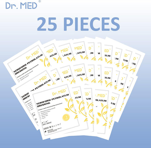 Dr.Med Xeroform Petrolatum Dressing Patch, 4"x4", 25 Pcs/Box, Non-Adherent Gauze Dressings for Minor Burns, Lacerations