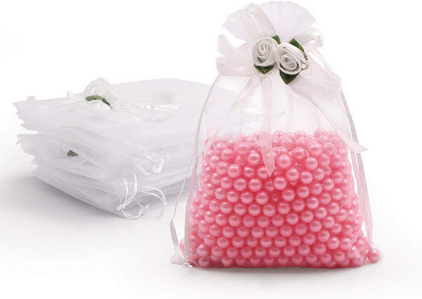 SumDirect 50Pcs Rose Organza Gift Bags, 5x7 inch White Wedding Favor Bags, Jewelry Pouches with Drawstring