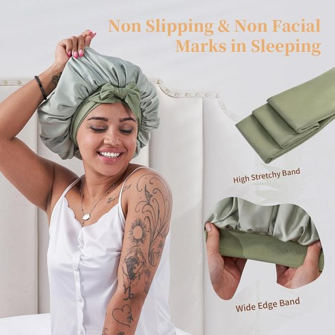 Silk Satin Bonnet for Sleeping Hair: Women Night Wrap Cap for Straight Wavy Curly Coily Kinky Natural Hair by Tie Band