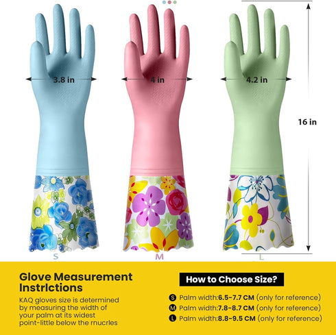 3 Pairs Rubber Cleaning Gloves, Reusable Dishwashing Gloves with Cotton Liner, Long Cuff 16" for Household Use