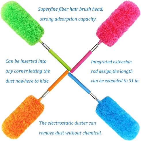 4 Pcs Washable Microfiber Feather Duster - Extendable Pole and Bendable Head for Cleaning