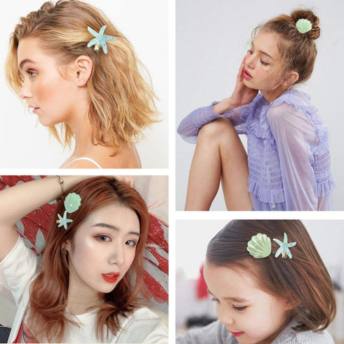 Shell Pearl Starfish Hair Clip Set for Women Girls - Acrylic Resin Alligator Hair Clips, Styling Tools, Green