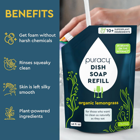 Puracy Natural Dish Soap Refill, Organic Lemongrass, 48 Oz, Skin-Softening Plant-Based Detergent