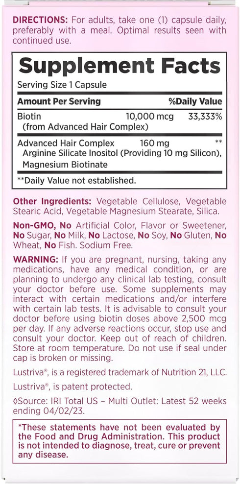 Nature's Bounty Hair Growth Supplement, 1 Per Day - 30 Capsules with Biotin, Silicon & Arginine for Thicker, Fuller Hair