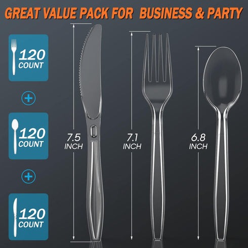 360 Count Plastic Silver Ware Heavy Duty, 120 Forks, 120 Spoons, 120 Knives, Heat Resistant & BPA Free Disposable SilverWare, Disposable Cutlery set, Premium Clear Utencils for Party Supply by Dipoo