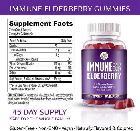 Immunity Gummies 45 Grab The Gold | Elderberry Flavor with Vitamin C & Zinc | Cold & Flu Support, Vegan, Gluten-Free |