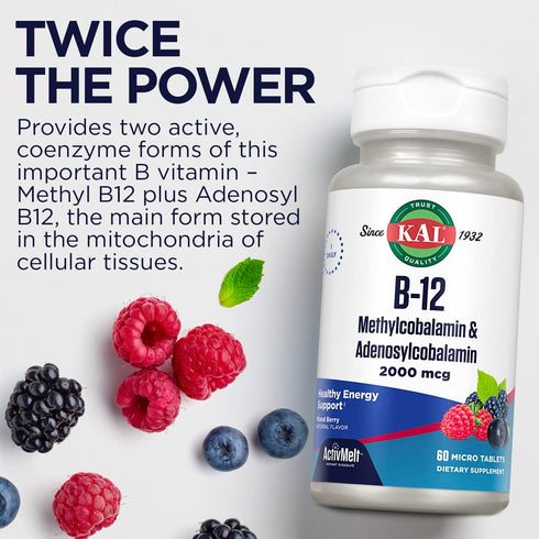 KAL Vitamin B12 Methylcobalamin and Adenosylcobalamin 2000 mcg ActivMelt, High Absorption, 60 Micro Tablets