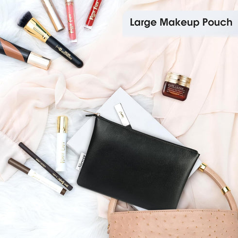 Narwey Small Makeup Bag - Vegan Leather Travel Pouch, Zipper Cosmetic Bag for Women (Black)