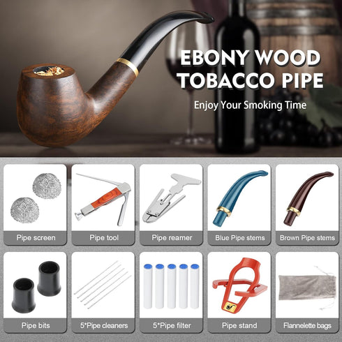 Scotte Handmade Wood Pipe Kit with Replaceable Pipe Stem and Accessories in Gift Box (Black & Brown)