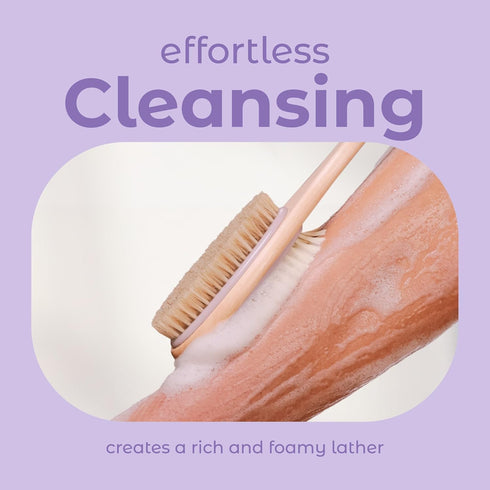 MainBasics Back Scrubber for Shower, Long Handle Dual-Sided Brush for Body Wash & Scrubbing, Lavender, Wood