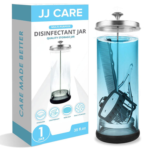 JJ CARE Disinfectant Jar (35oz), Barber Jar Glass, Implement Disinfectant Container with Stainless Steel Removable