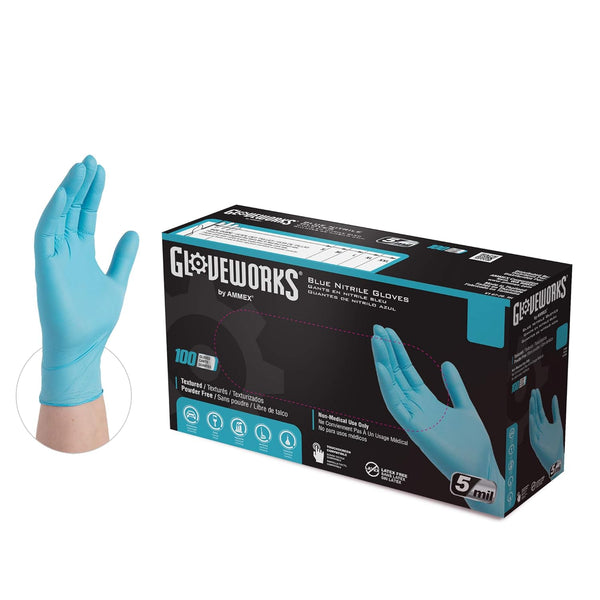 GLOVEWORKS Blue Disposable Nitrile Industrial Gloves, 5 Mil, Latex & Powder-Free, Food-Safe, X-Large, Box of 100