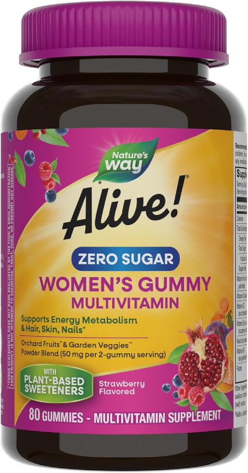 Natures Way Alive! Zero Sugar Women's Gummy Multivitamins, Energy Metabolism*, Hair, Skin,