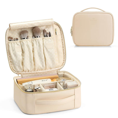 Vlando Travel Makeup Bag, Large Capacity PU Leather Cosmetic Case Organizer, Portable Bag with Dividers and Handle Beige