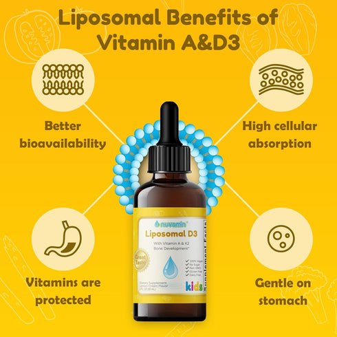 Nuvamin Liquid Liposomal Vitamin A & D3 Drops with K2, 800 IU/mL, 2 Fl.Oz (60ml), 120 Daily Serving, Lemon Flavor