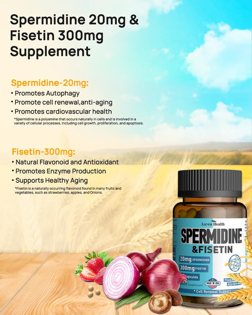 20mg Spermidine & 300mg Fisetin Supplement for Women & Men - 98% 3HCL Cell Renewal Aging Defense - 30 Capsules