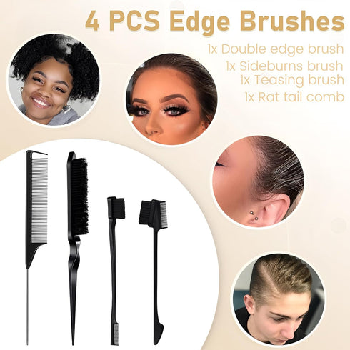 VOLLUCK Hair Wax Stick for Wigs, 2.7Oz Edge Control Slick Stick with 4 PCS Edge Brushes Hair Styling Comb Set
