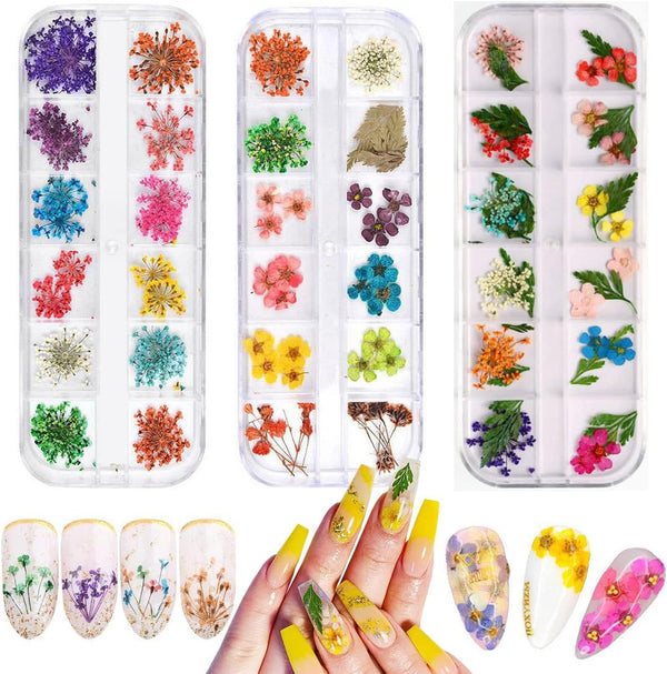 KINGMAS 36 Colors Dried Flowers for Nail Art, 3 Box Mini Real Natural Flowers for 3D Applique Decoration
