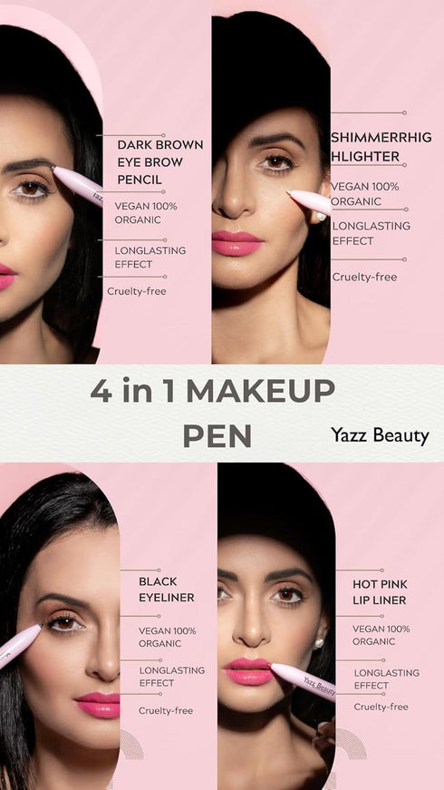 YAZZ BEAUTY 4-in-1 Touch Up Makeup Pen - Eyeliner, Eyebrow Pencil, Highlighter, Lip Liner - Travel Makeup