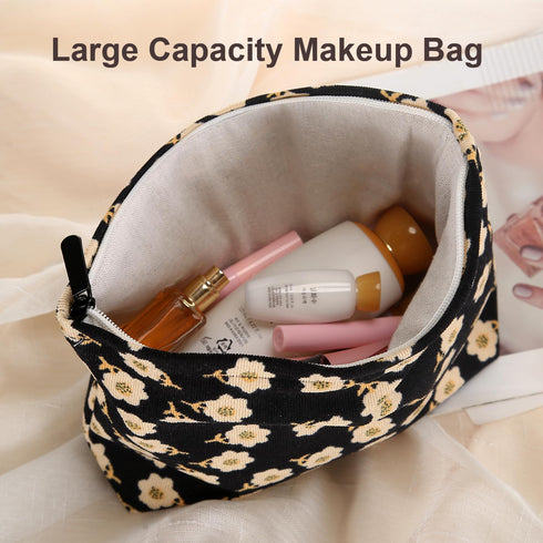 Preppy Cute Corduroy Makeup Bag, Cosmetic Bag for Women Travel Essentials (Flower Black)