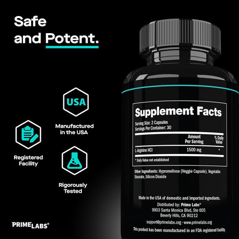 Prime Labs L Arginine Nitric Oxide - 1500mg L-Arginine - Supports Blood Flow, Energy, Strength, Endurance - 60 Capsules