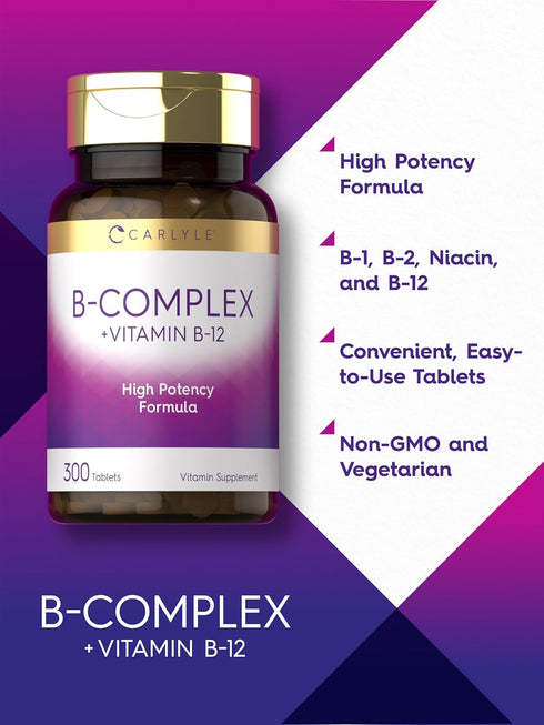 Carlyle B-Complex Vitamin with B12, 300 Tablets, High Potency, Vegetarian & Non-GMO