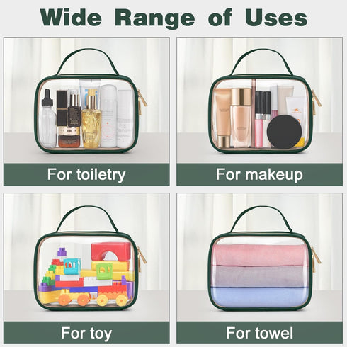 Wedama TSA Approved Clear Toiletry Bag, 2 Pack Quart Size Makeup Bags with Handles, Dark Green