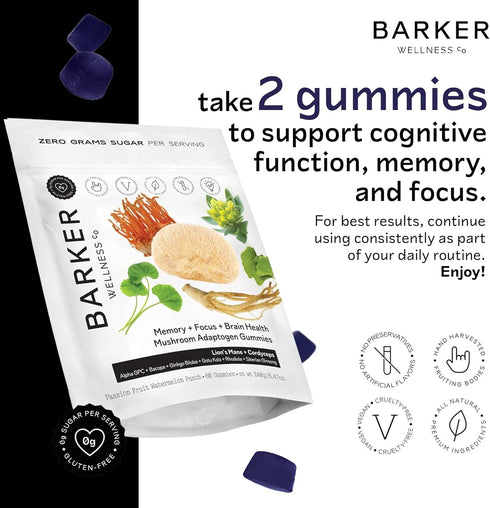 Gummies 60 Count Barker Wellness Mushroom Adaptogen for Memory & Focus, Brain Health Supplement with Lion's Mane