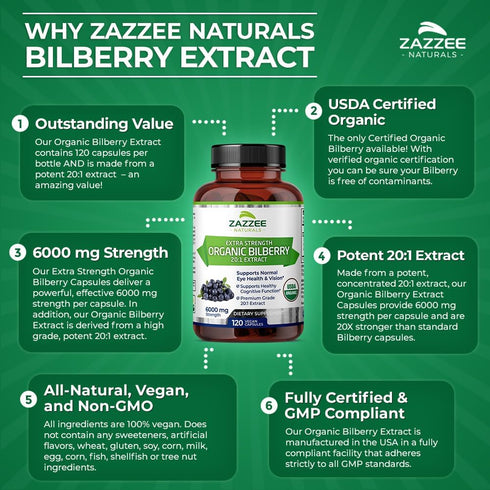 Zazzee USDA Organic Bilberry 20:1 Extract 6000 mg Strength, 120 Vegan Capsules, 4 Month Supply