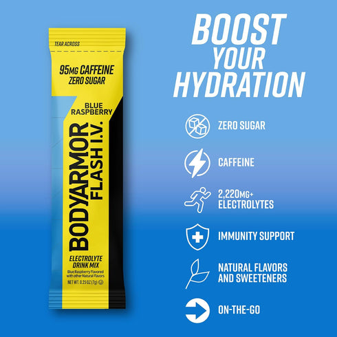 Packets Packs, (6 Count) BODYARMOR Caffeinated Flash I.V. Electrolyte Blue Raspberry - Zero Sugar Energy Drink Mix