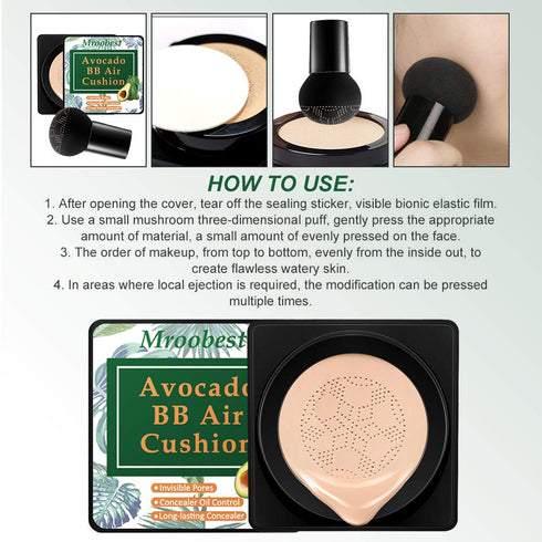 BB Mushroom Air Cushion, Avocado BB/CC Cream, All-Day Lasting Nude Foundation, Easy to Apply